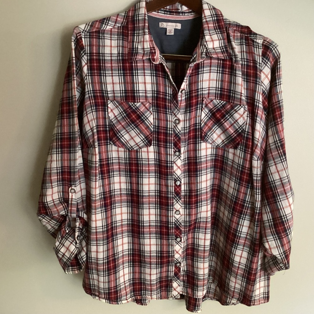 Ladies Established 1962 Red,White, Blue Striped Button Down 3XL